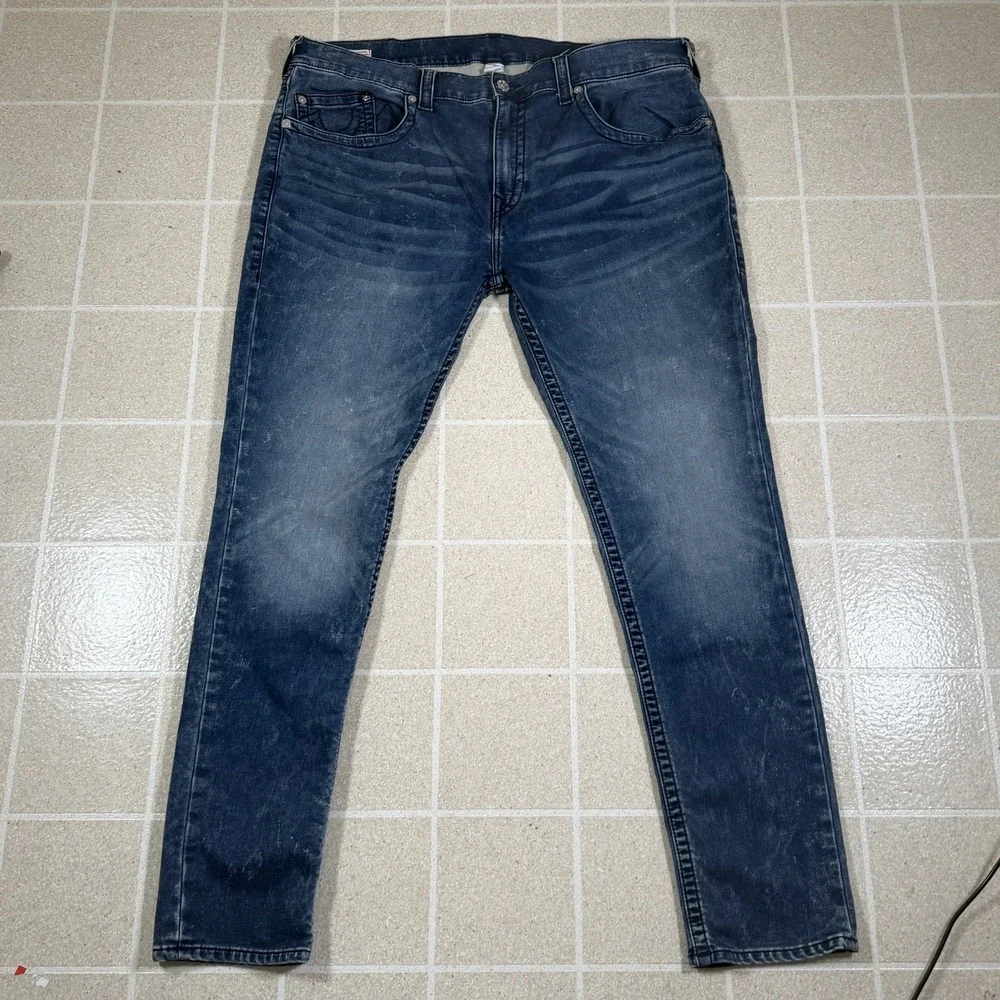 True Religion Jeans Mens 42x32 Blue Rocco Relaxed Skinny Distressed Denim